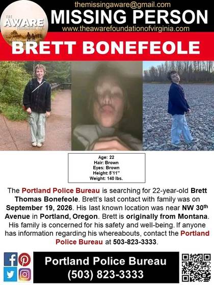 Missing person flyer for Brett Bonefeole
