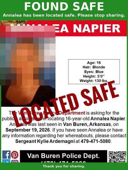 Found safe flyer for Annalea Napier