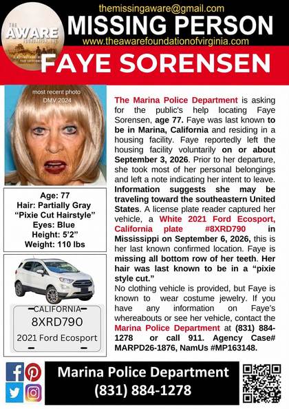 Missing person flyer for Faye Sorensen