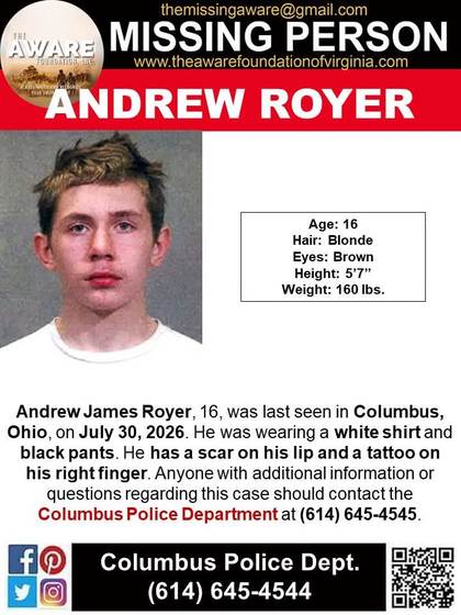 Missing person flyer for Andrew James Royer