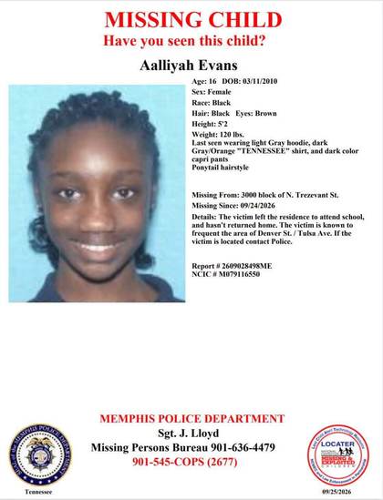 Missing person flyer for Aalliyah Evans