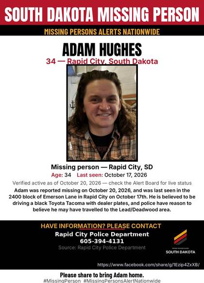 Missing person flyer for Adam Hughes