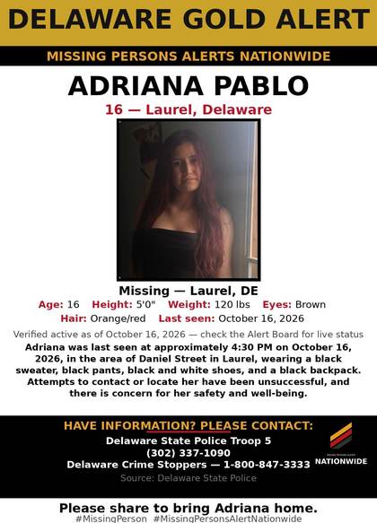 Missing person flyer for Adriana Pablo
