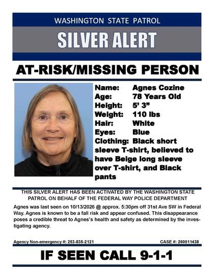 Missing person flyer for Agnes Cozine