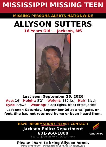 Missing person flyer for Allyson Sutters