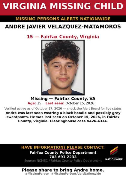 Missing person flyer for Andre Javier Velazquez-Matamoros