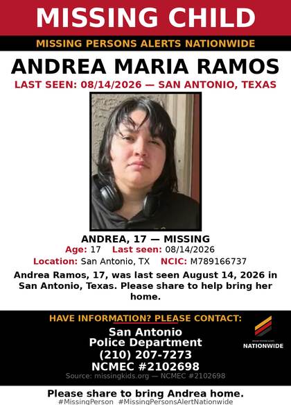 Missing person flyer for Andrea Maria Ramos
