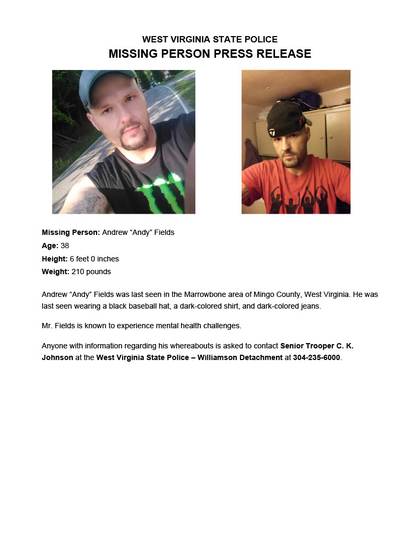 Missing person flyer for Andrew Fields
