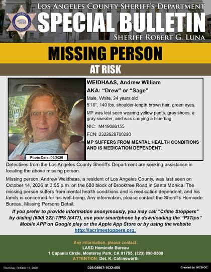 Missing person flyer for Andrew William Weidhaas