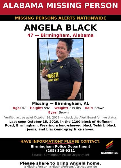 Missing person flyer for Angela Black