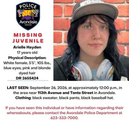 Missing person flyer for Arielle Hayden