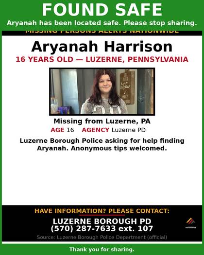 Found safe flyer for Aryanah Harrison