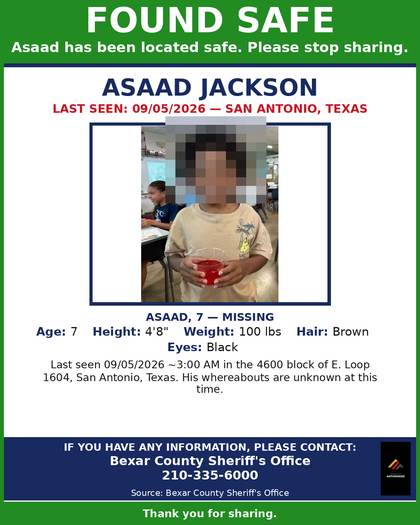 Found safe flyer for Asaad Jackson