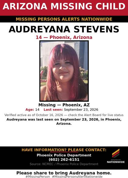 Missing person flyer for Audreyana Stevens