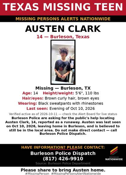 Missing person flyer for Austen Clark