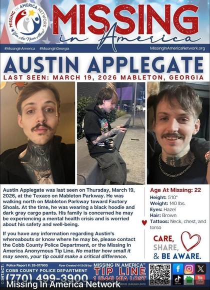 Missing person flyer for Austin Applegate