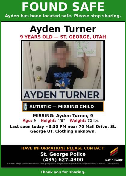 Found safe flyer for Ayden Turner