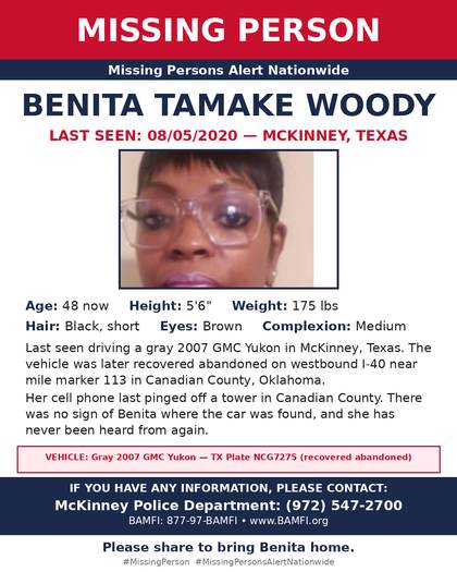 Missing person flyer for Benita Tamake Woody