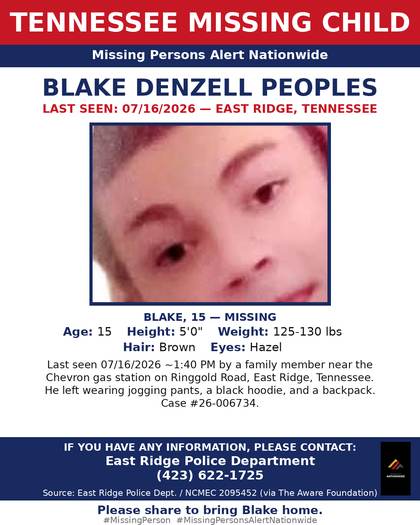 Missing person flyer for Blake Denzell Peoples