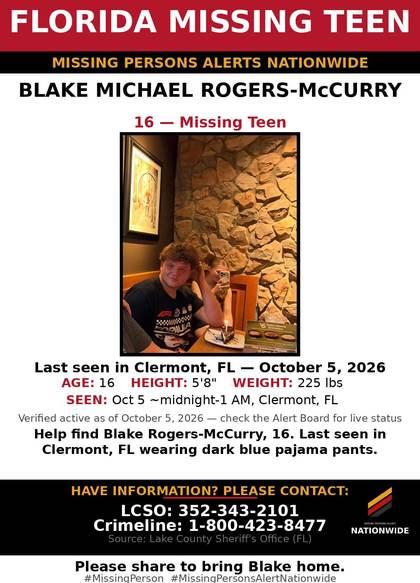 Missing person flyer for Blake Michael Rogers-McCurry