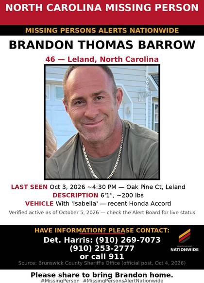 Missing person flyer for Brandon Thomas Barrow