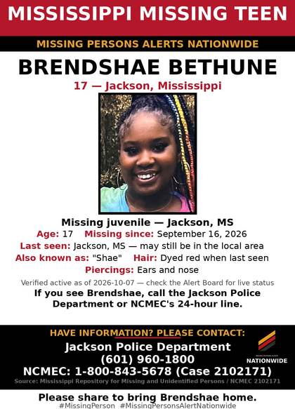 Missing person flyer for Brendshae Bethune