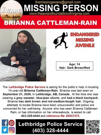 Missing person flyer for Brianna Cattleman-Rain