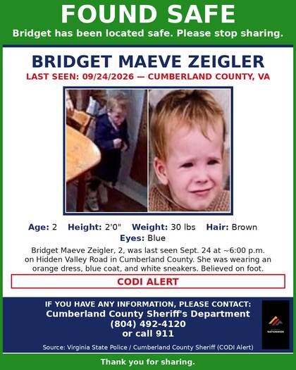 Found safe flyer for Bridget Maeve Zeigler