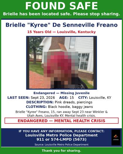 Found safe flyer for Brielle "Kyree" De Senneville Freano