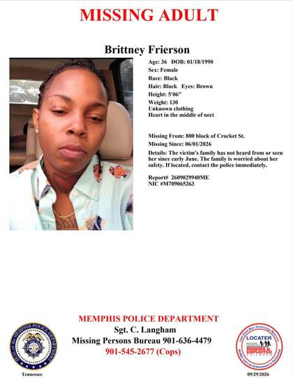 Missing person flyer for Brittney Frierson