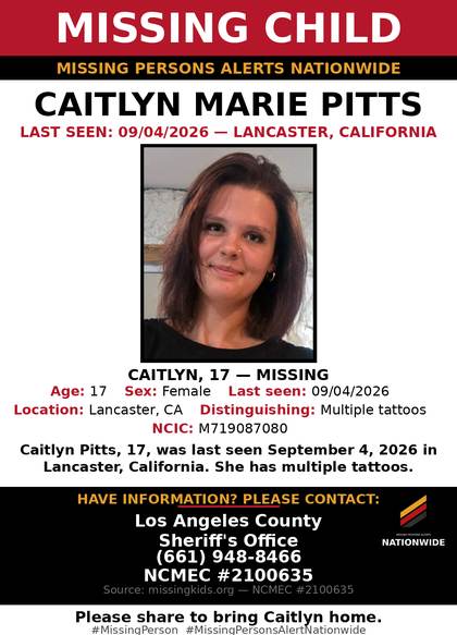 Missing person flyer for Caitlyn Marie Pitts