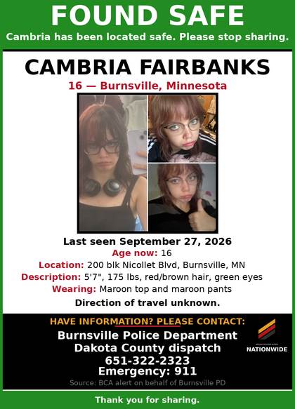 Found safe flyer for Cambria Fairbanks