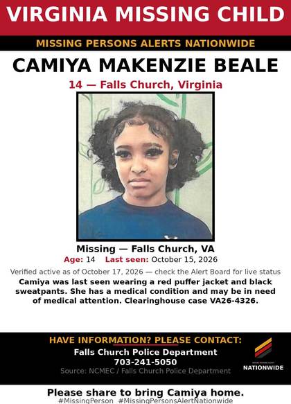 Missing person flyer for Camiya Makenzie Beale