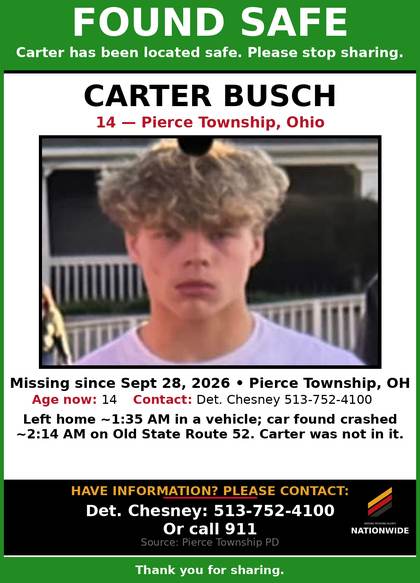 Found safe flyer for Carter Busch