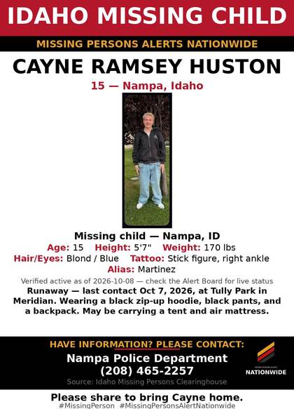 Missing person flyer for Cayne Ramsey Huston