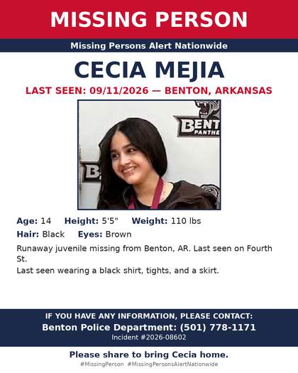 Missing person flyer for Cecia Mejia