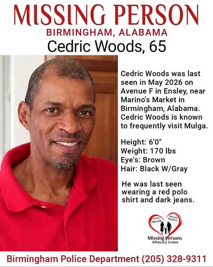 Missing person flyer for Cedric Woods