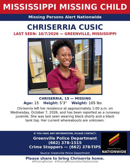 Missing person flyer for Chriserria Cusic