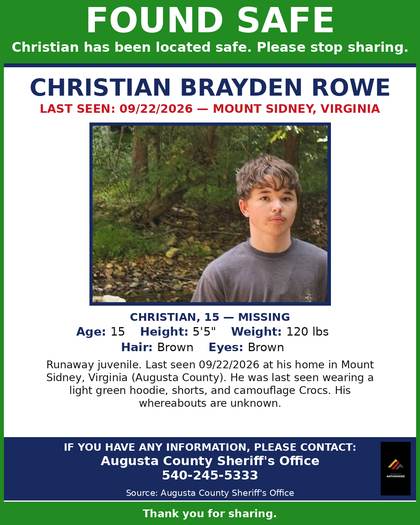 Found safe flyer for Christian Brayden Rowe