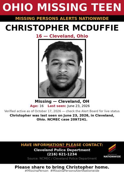 Missing person flyer for Christopher Mcduffie