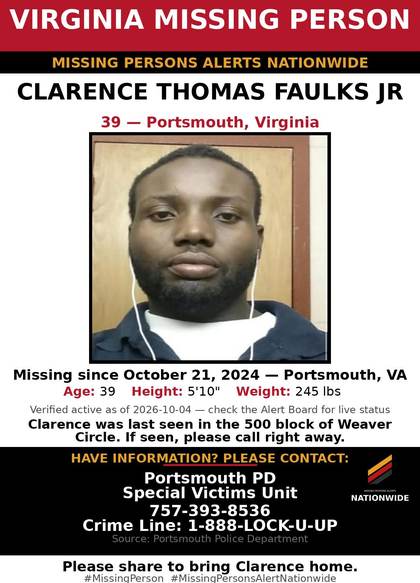 Missing person flyer for Clarence Thomas Faulks Jr