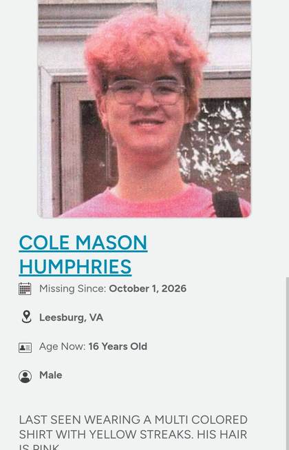 Missing person flyer for Cole Mason Humphries