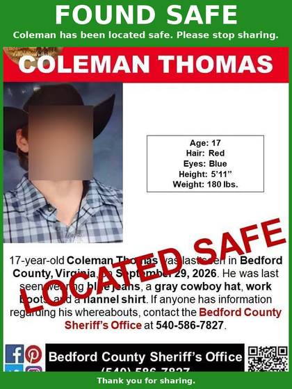 Found safe flyer for Coleman Thomas
