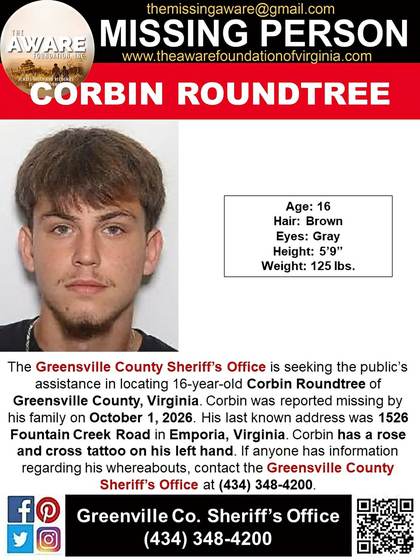Missing person flyer for Corbin Roundtree