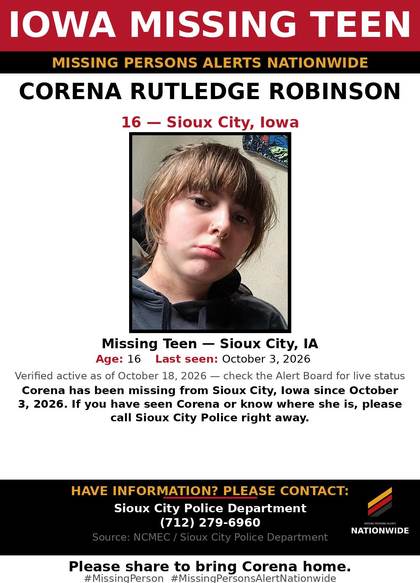 Missing person flyer for Corena Ann Rutledge Robinson
