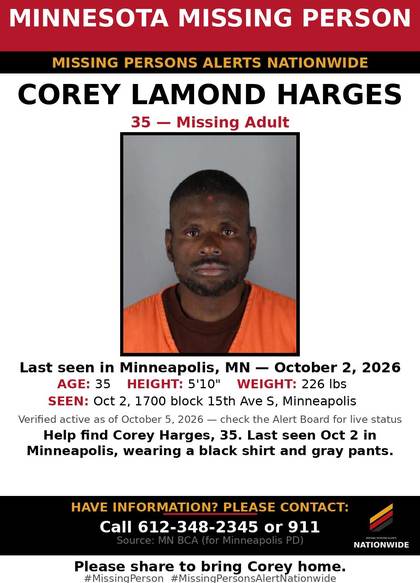 Missing person flyer for Corey Lamond Harges