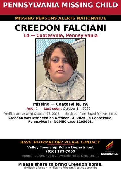 Missing person flyer for Creedon Falciani