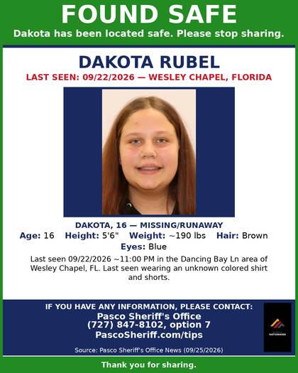 Found safe flyer for Dakota Rubel