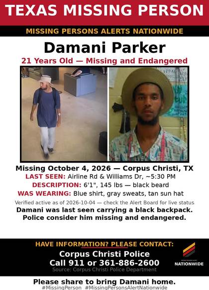 Missing person flyer for Damani Parker
