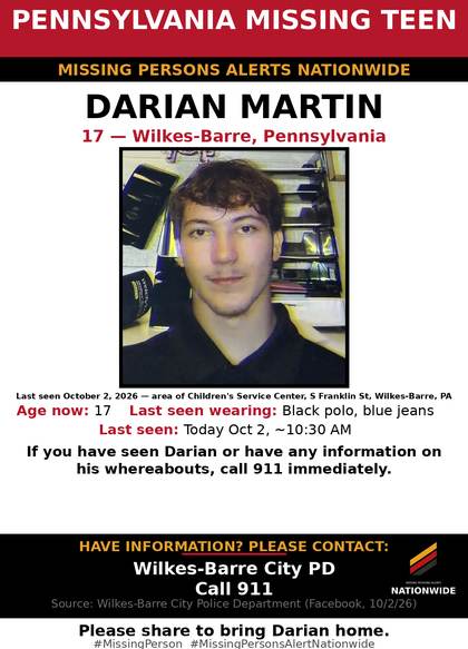 Missing person flyer for Darian Martin